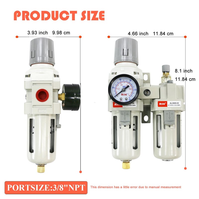 RIH Store Pneumatics 3/8" NPT Compressed Air Filter Regulator Lubricator Combo Water/Oil Trap Separator - Gauge(0-150 psi), Semi-Auto Drain, Poly Bowl,Bracket - 3 in 1 Two Unit (3/8" NPT) - Image 3